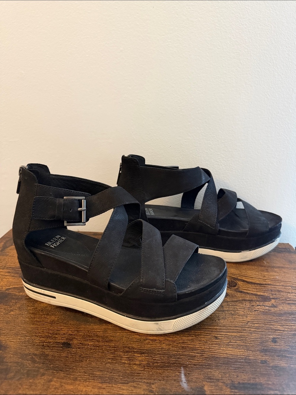 EILEEN FISHER Smart Sport Sandals black strappy platform wedge black size 7 - Picture 3 of 7